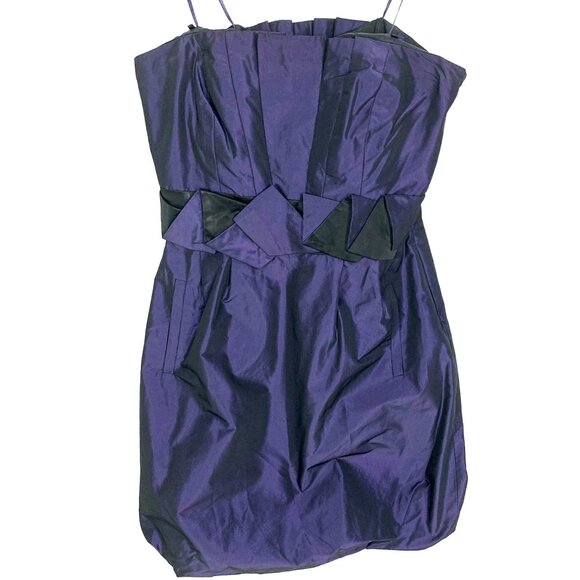 Strapless Pleated Bubble Hem Mini Cocktail Dress Fit Flare Size 4 Purple Taffeta - Picture 2 of 12